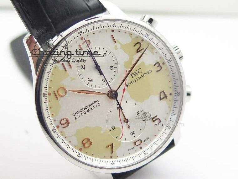 MIROTIME 0104 Unique Portuguese 40mm Chrono SS Map Dial on Black Leather Strap A 7393